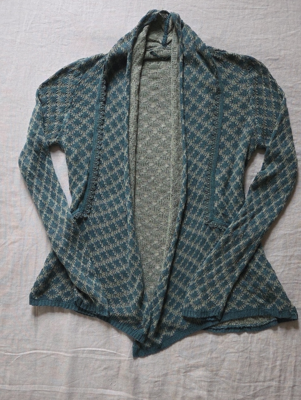 Anthropologie Teal Diamond Knit Draped Open Front Cardigan Scalloped Trim